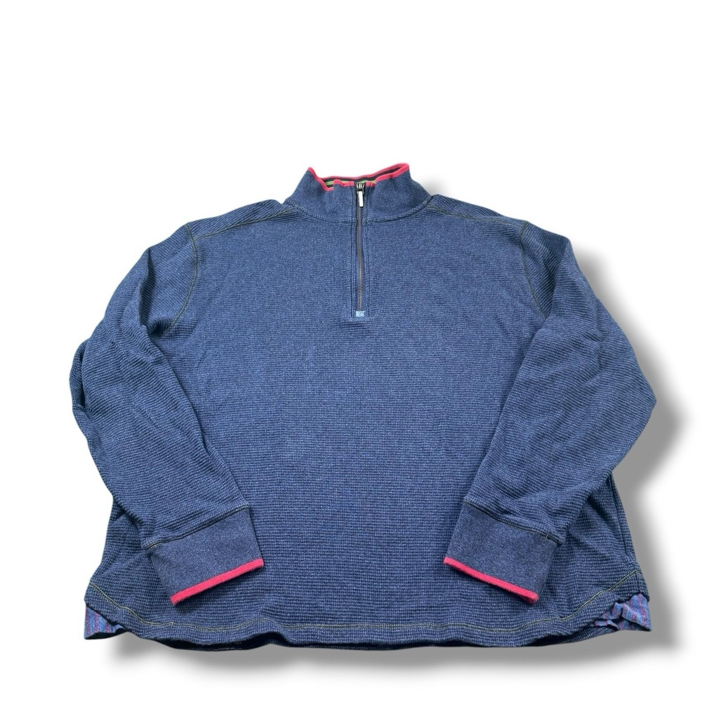 Robert Graham Navy Blue Waffle Knit 1/4 Zip Mock Neck Pullover Sweater Mens XL